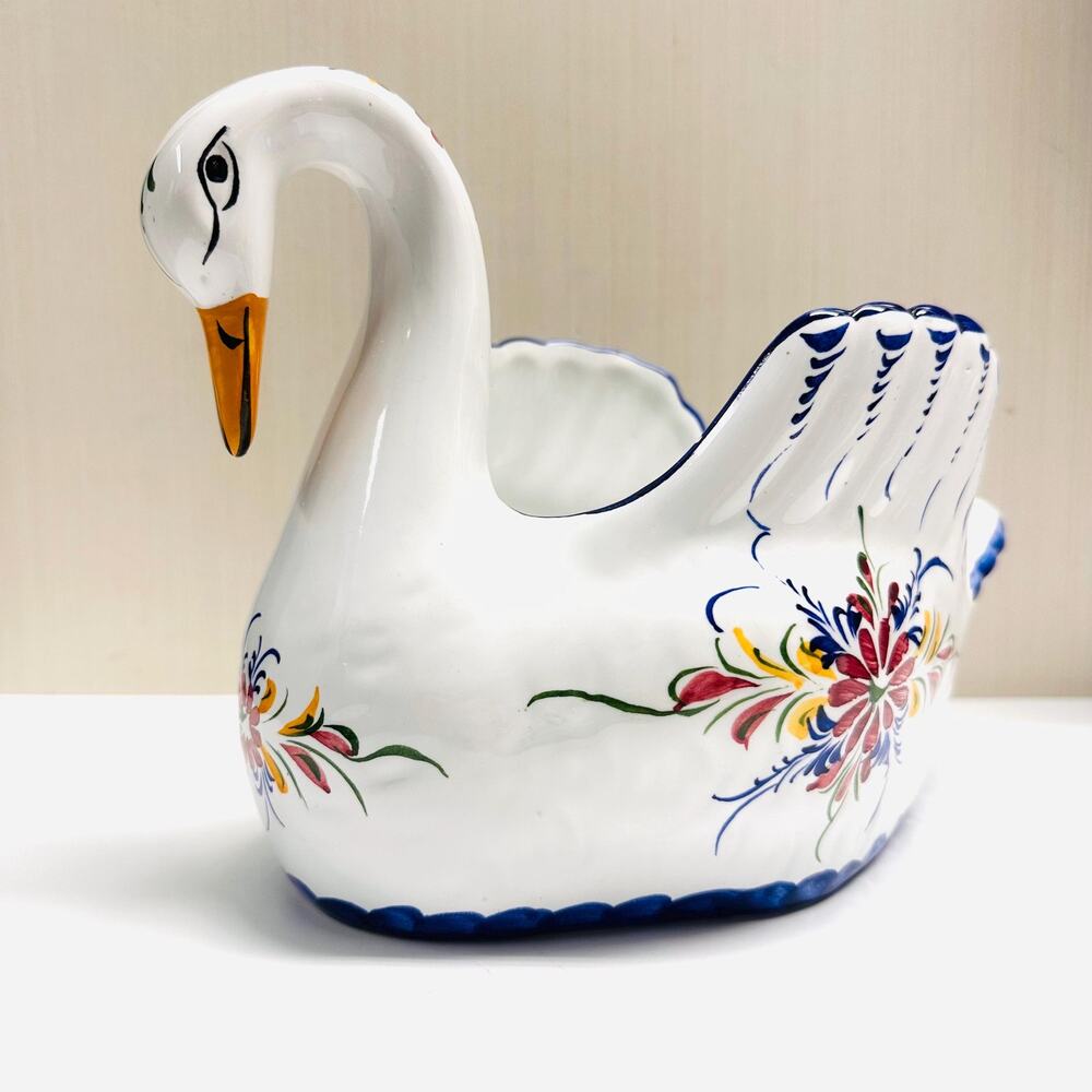Vintage Portugal RCA Swan Planter Ceramic Hand Painted Floral Design